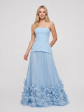 Sky Blue Crepe A-Line Straight Neck Lace-up Floor-Length Dress