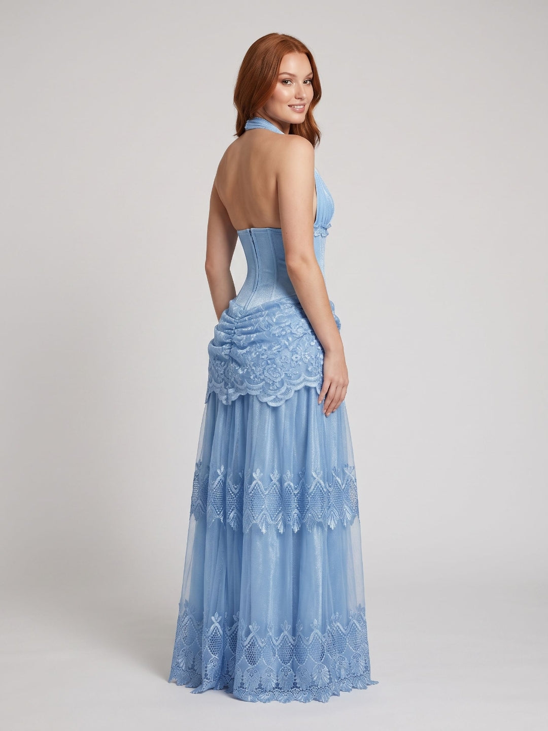 Sky Blue Glitter Tulle with Lace A-Line Halter Open Back Floor Length Dress