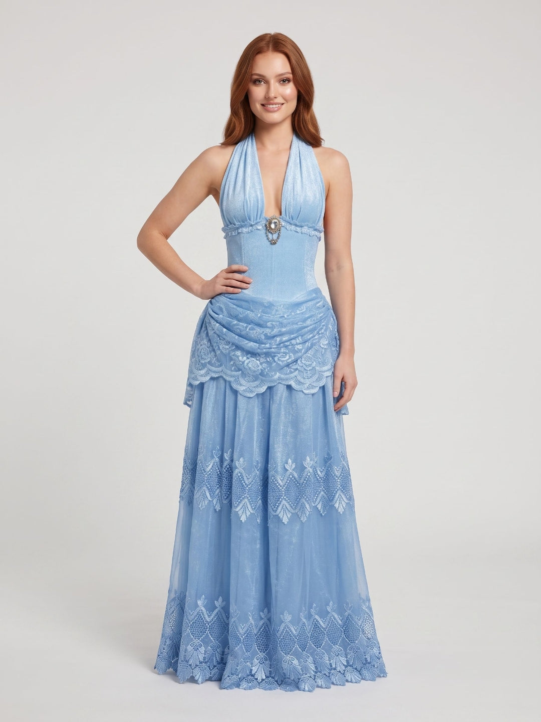 Sky Blue Glitter Tulle with Lace A-Line Halter Open Back Floor Length Dress