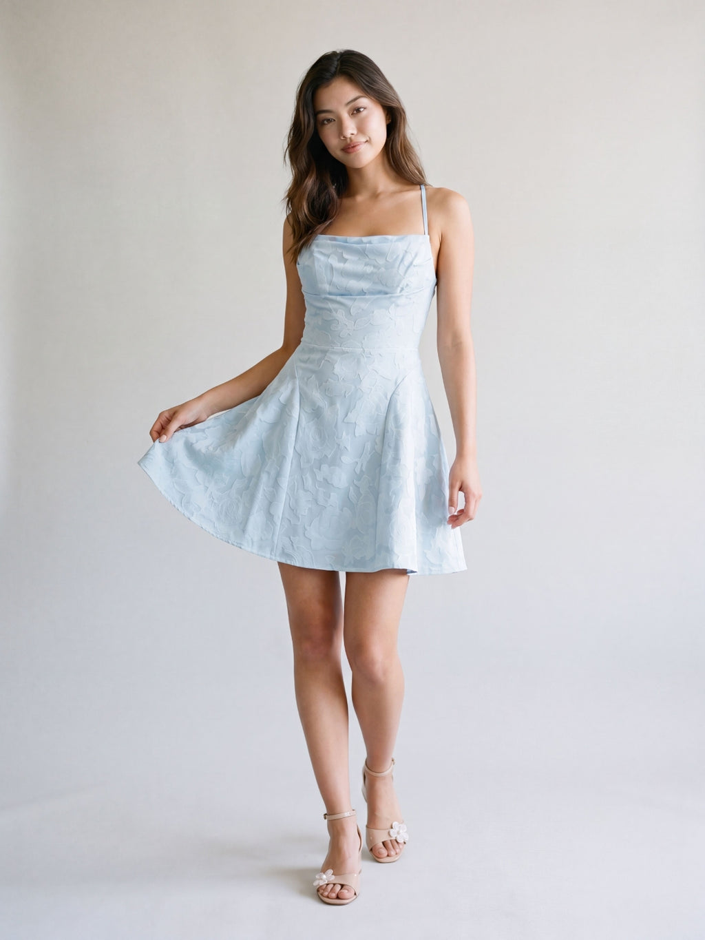Sky Blue Jacquard A-Line Cowl Neck Lace-Up Back short Party Dress