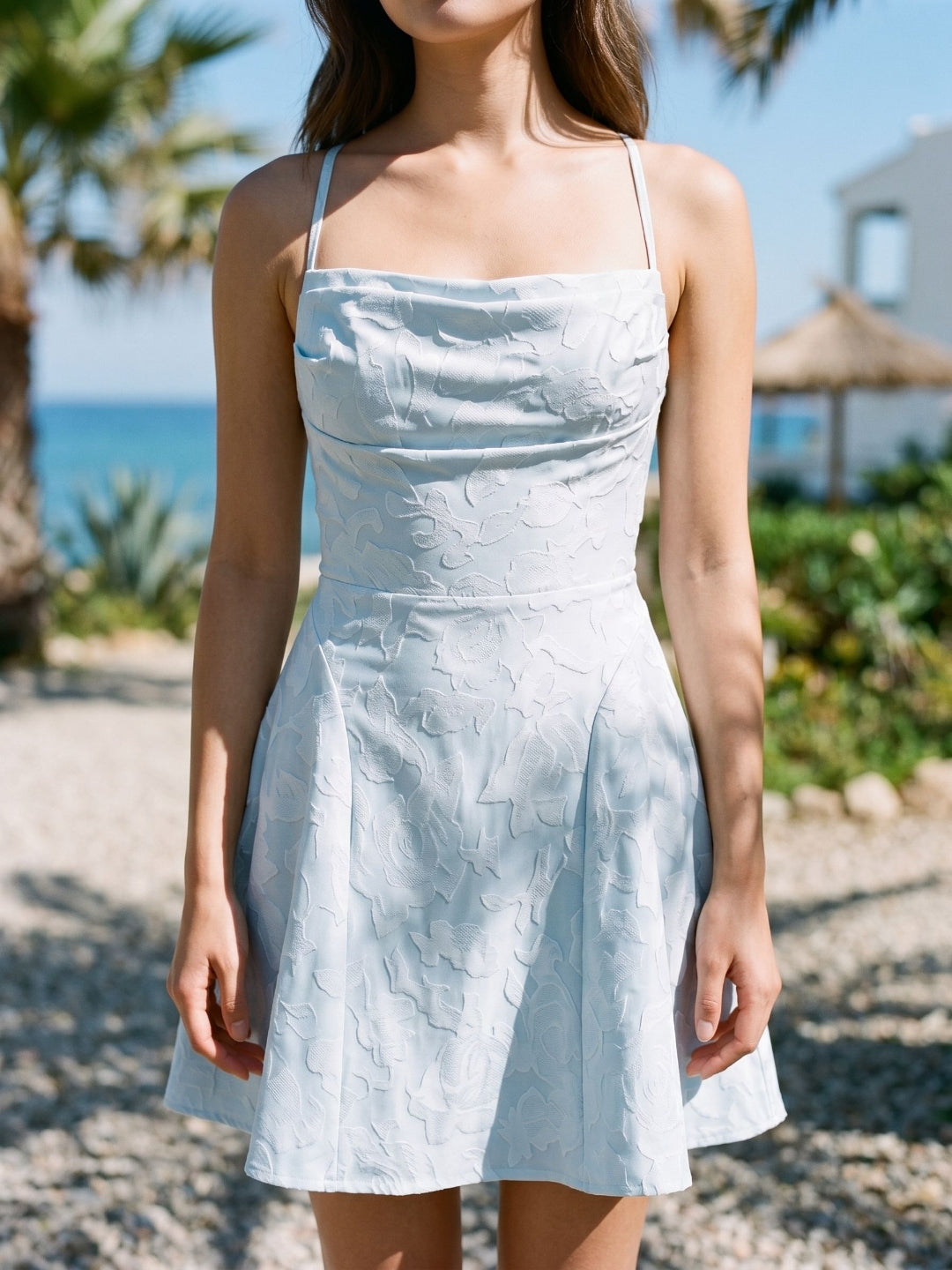 Sky Blue Jacquard A-Line Cowl Neck Lace-Up Back short Party Dress