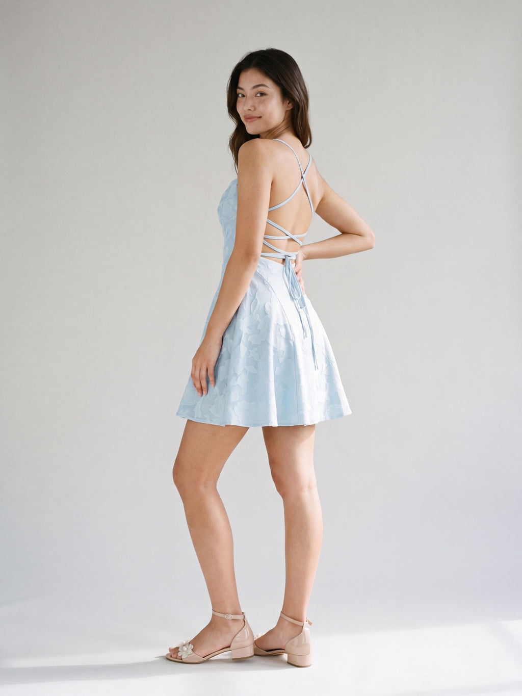 Sky Blue Jacquard A-Line Cowl Neck Lace-Up Back short Party Dress