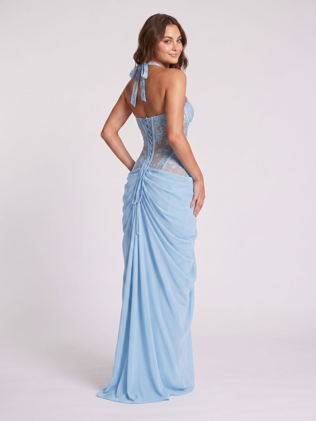 Lace & Satin Sheath Halter neckline Lace-up Floor-Length Dress