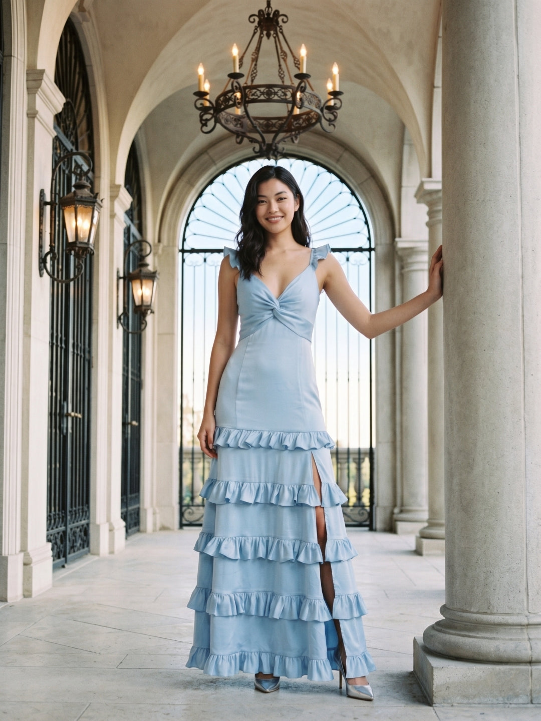 Sky Blue Matte Satin A-Line V-Neck Side Zip Floor-Length Cascading Ruffle Prom Dress