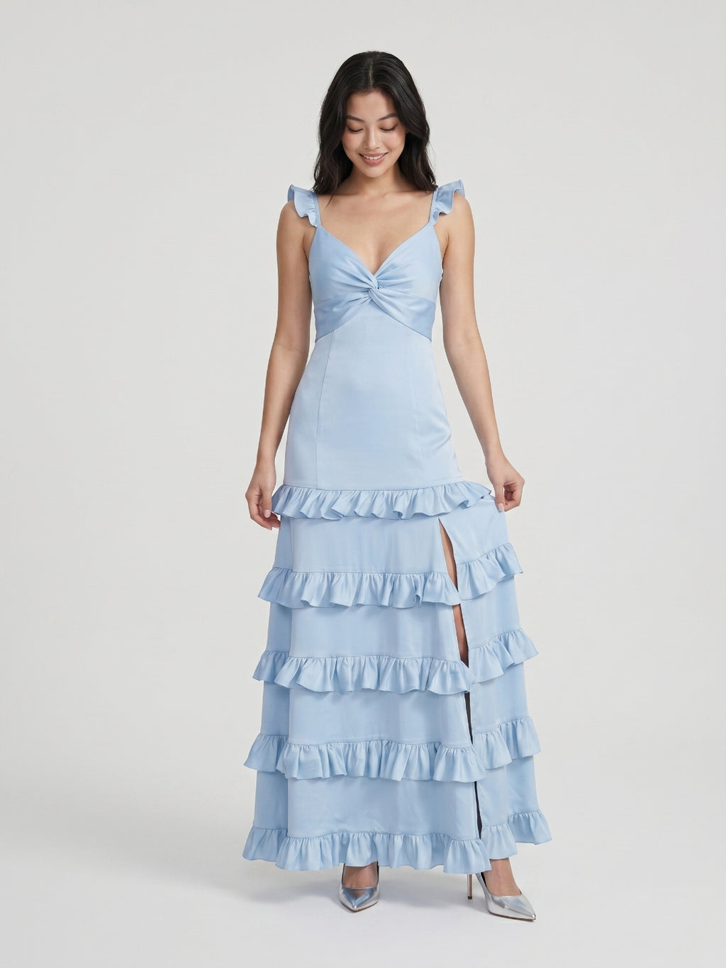 Sky Blue Matte Satin A-Line V-Neck Side Zip Floor-Length Cascading Ruffle Prom Dress