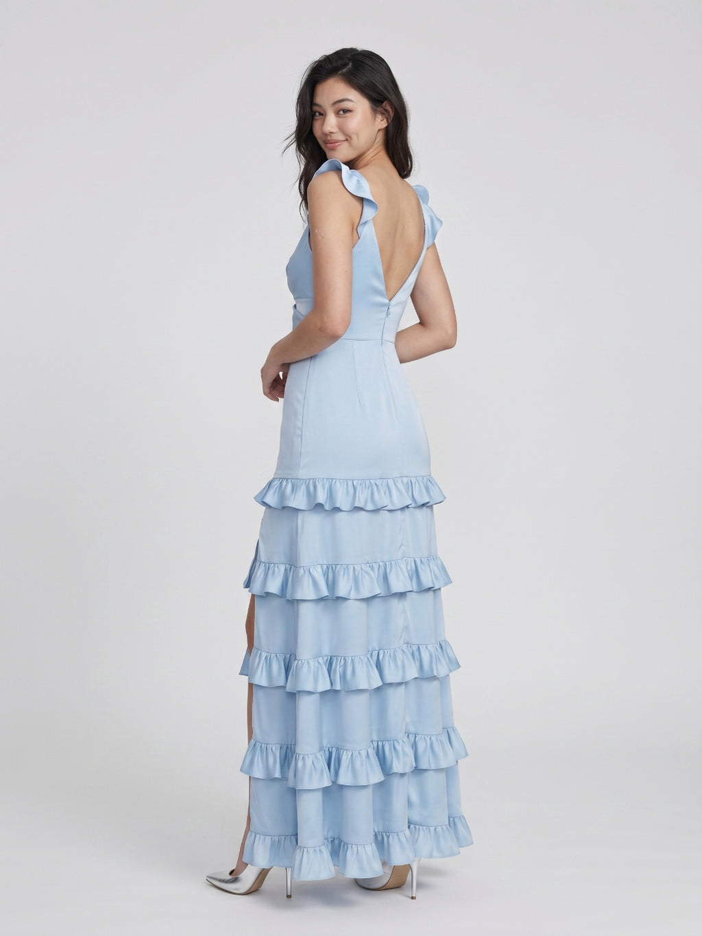Sky Blue Matte Satin A-Line V-Neck Side Zip Floor-Length Cascading Ruffle Prom Dress
