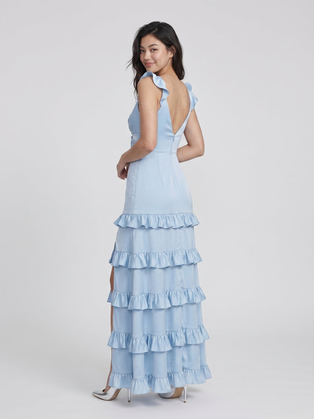 Sky Blue Matte Satin A-Line V-Neck Side Zip Floor-Length Cascading Ruffle Prom Dress