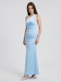 Sky Blue Matte Satin Mermaid One Shoulder Side Zip Floor-Length Bridesmaid Dress