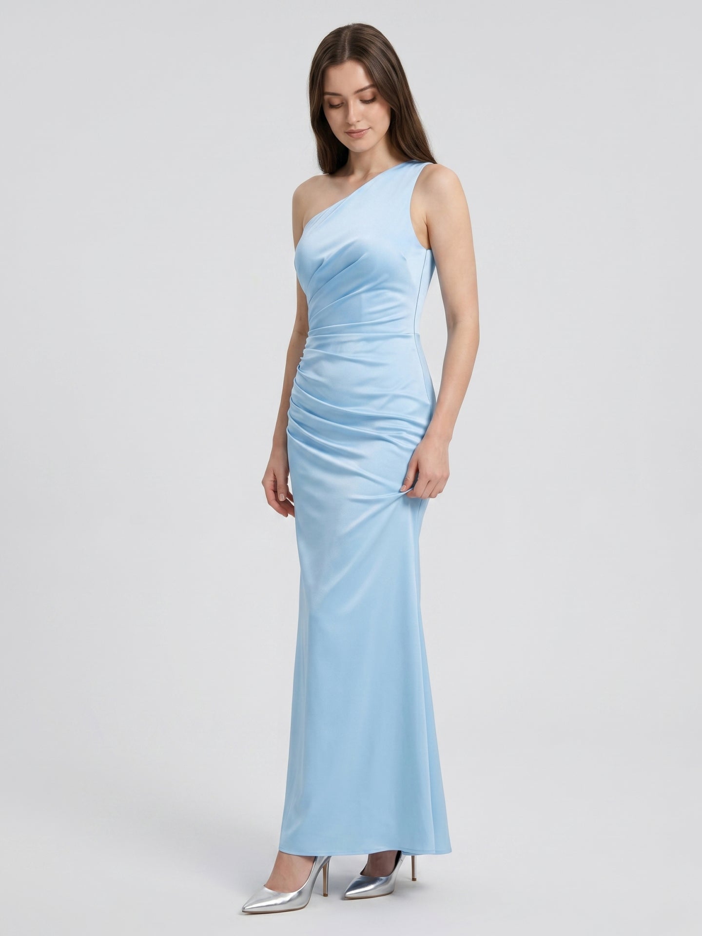 Sky Blue Matte Satin Mermaid One Shoulder Side Zip Floor-Length Bridesmaid Dress