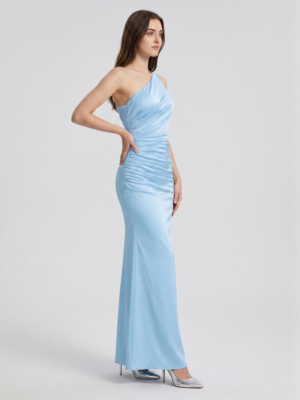 Sky Blue Matte Satin Mermaid One Shoulder Side Zip Floor-Length Bridesmaid Dress