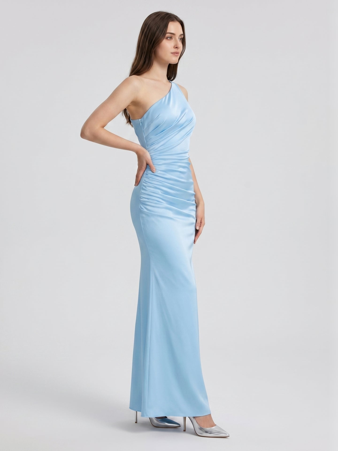 Sky Blue Matte Satin Mermaid One Shoulder Side Zip Floor-Length Bridesmaid Dress