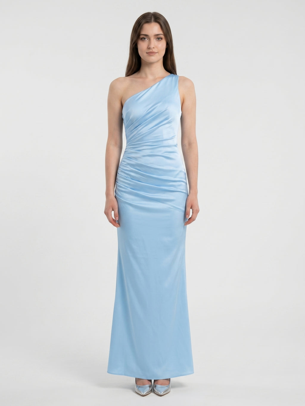 Sky Blue Matte Satin Mermaid One Shoulder Side Zip Floor-Length Bridesmaid Dress