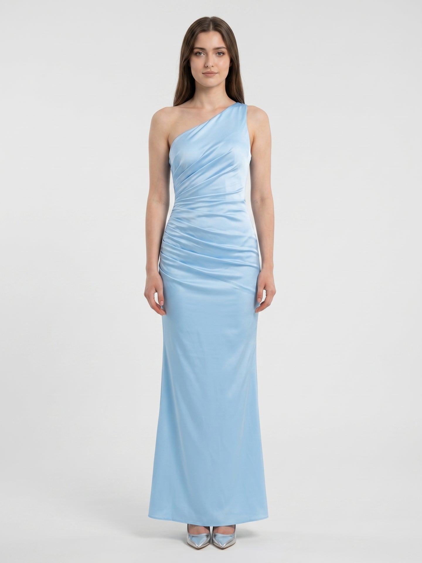 Sky Blue Matte Satin Mermaid One Shoulder Side Zip Floor-Length Bridesmaid Dress