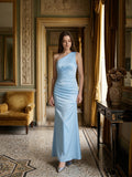 Sky Blue Matte Satin Mermaid One Shoulder Side Zip Floor-Length Bridesmaid Dress