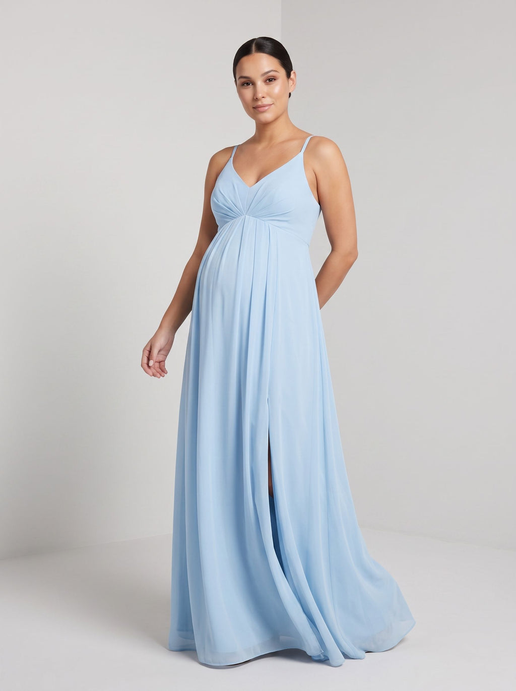 Sky Blue Mesh A-Line V-Neck Back Zip Ankle-Length Maternity Bridesmaid Dress