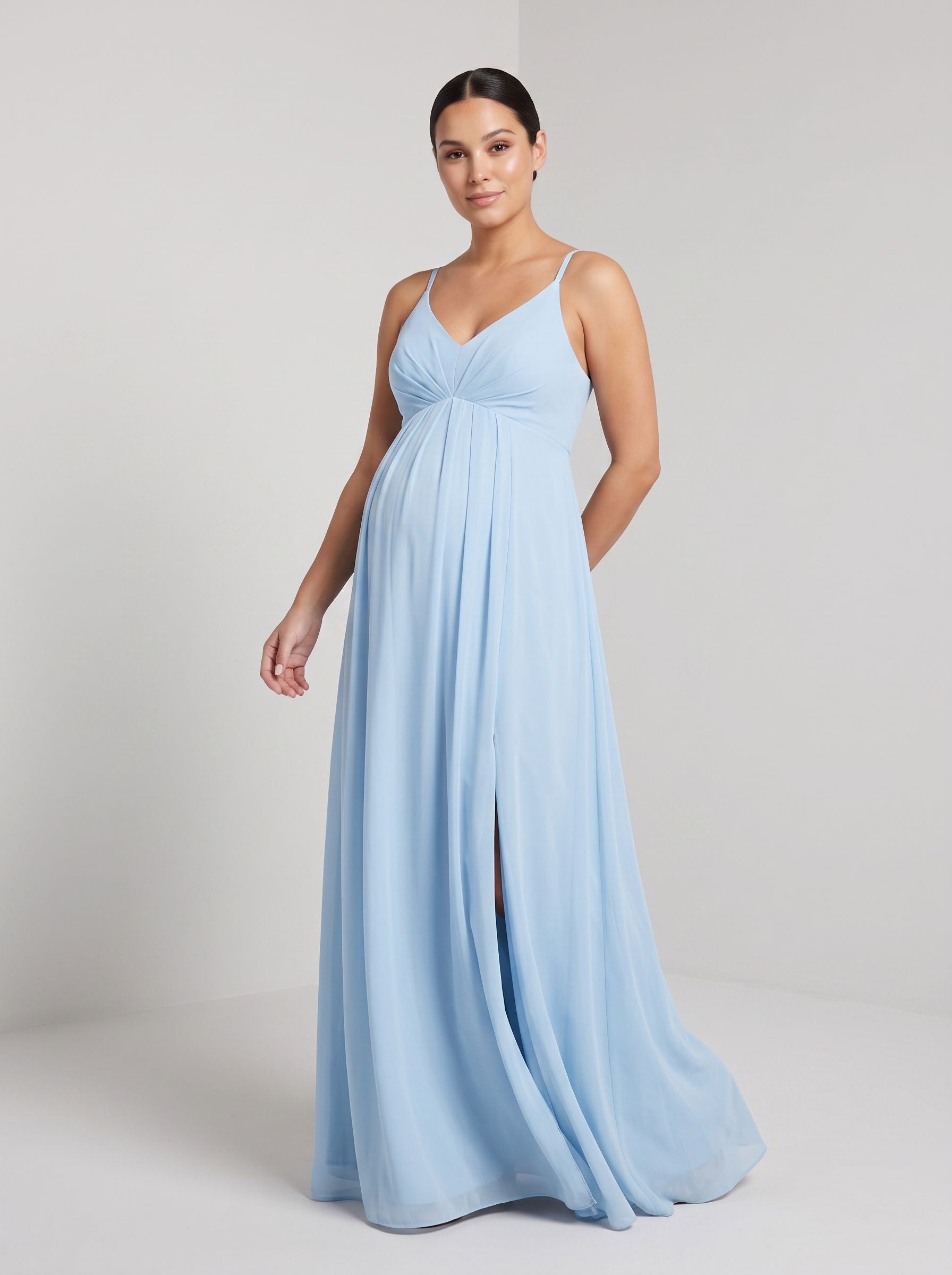 Sky Blue Mesh A-Line V-Neck Back Zip Ankle-Length Maternity Bridesmaid Dress