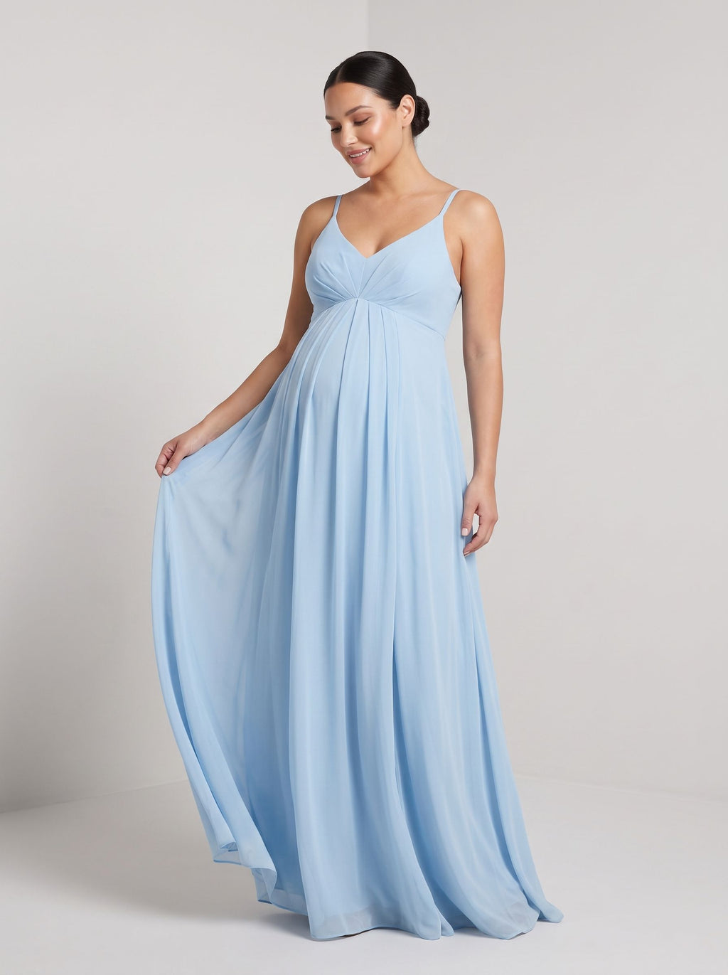 Sky Blue Mesh A-Line V-Neck Back Zip Ankle-Length Maternity Bridesmaid Dress