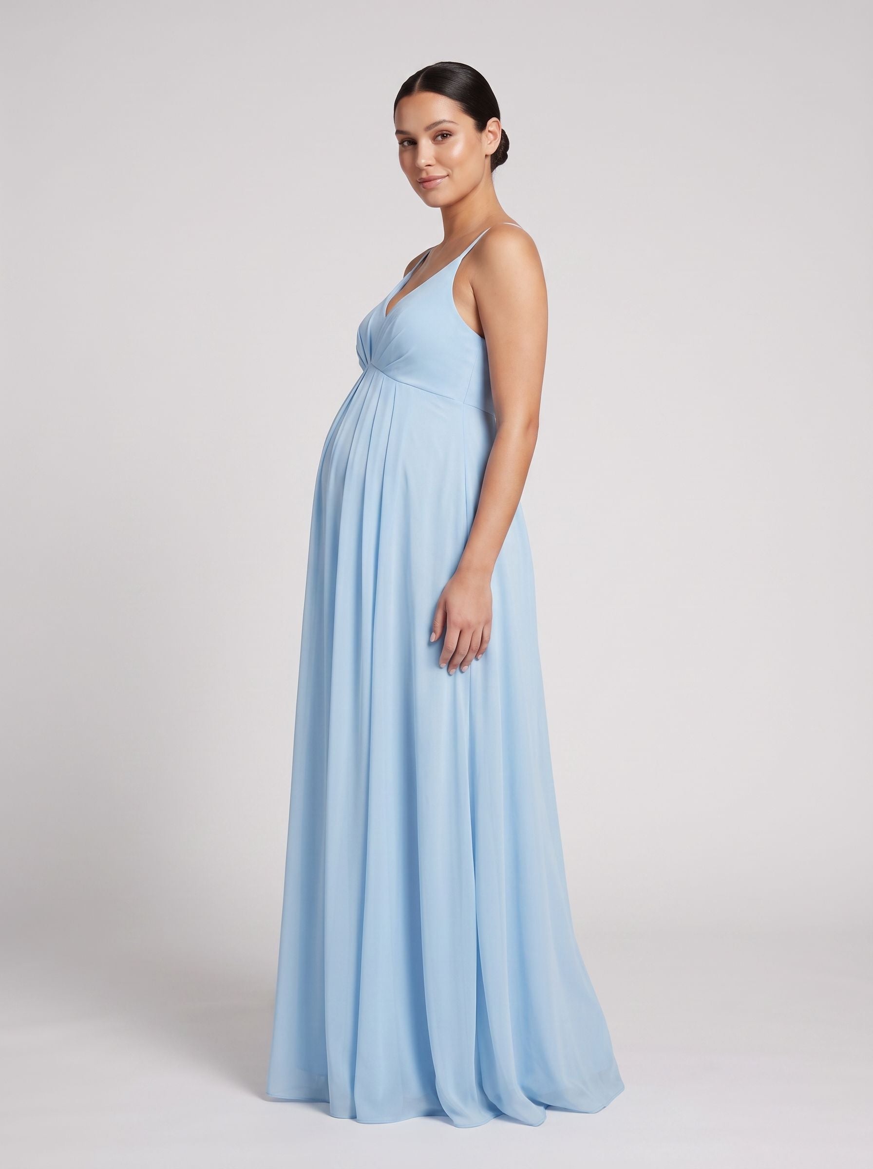 Sky Blue Mesh A-Line V-Neck Back Zip Ankle-Length Maternity Bridesmaid Dress