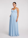 Sky Blue Mesh A-Line V-Neck Back Zip Ankle-Length Maternity Bridesmaid Dress