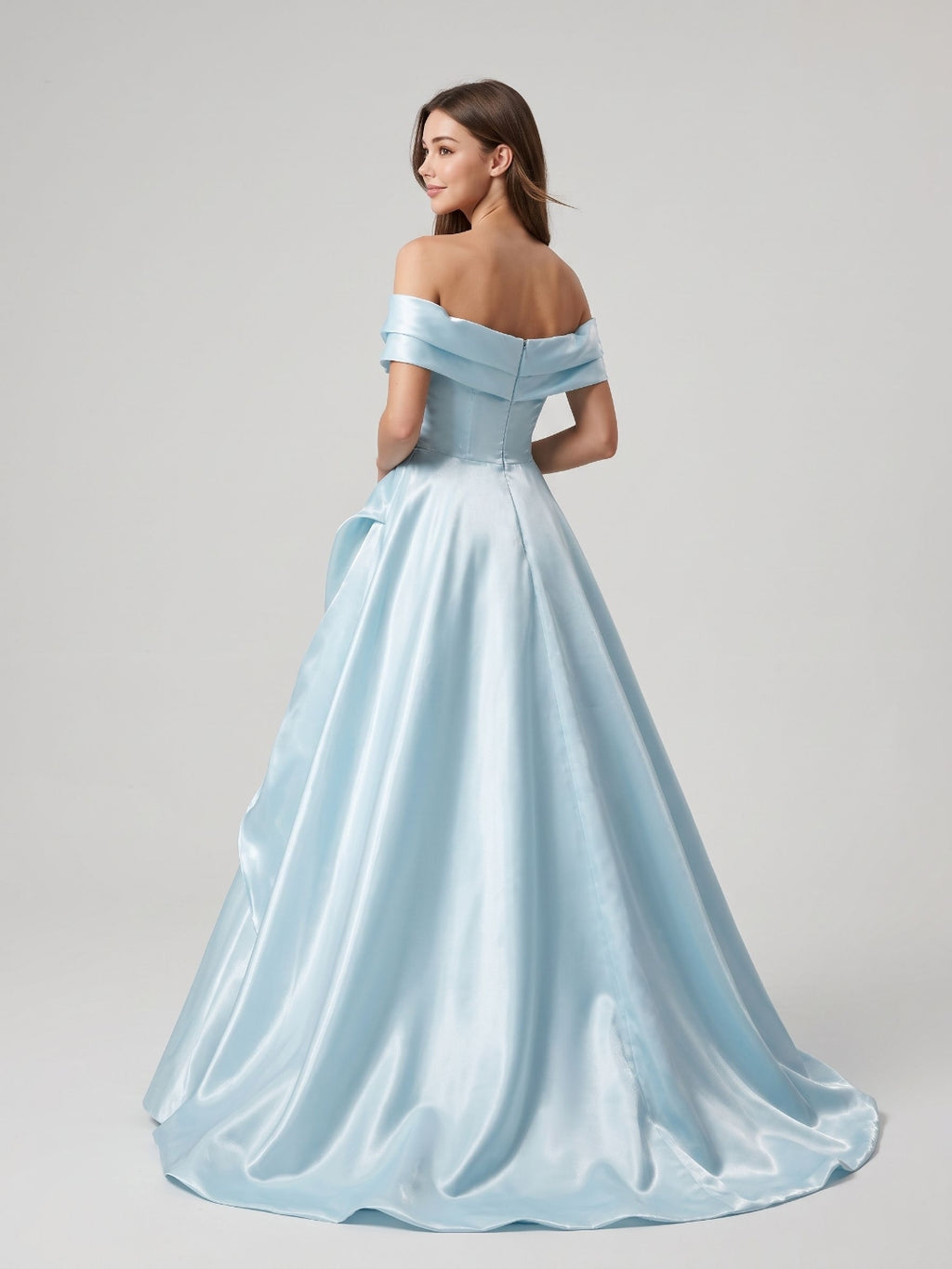 Sky Blue Satin A-Line Off-the-Shoulder Back Zip Floor-Length Dress