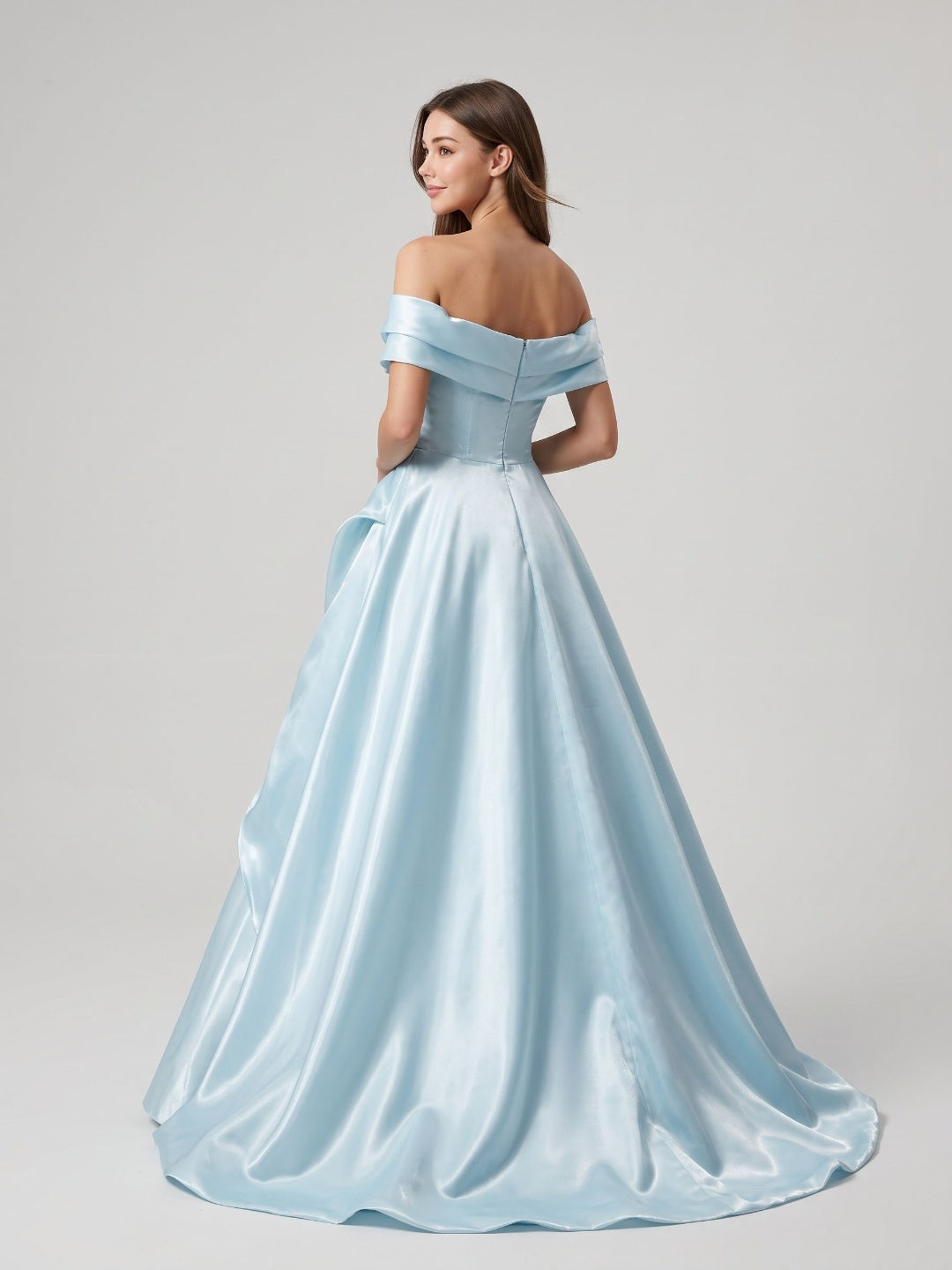 Sky Blue Satin A-Line Off-the-Shoulder Back Zip Floor-Length Dress