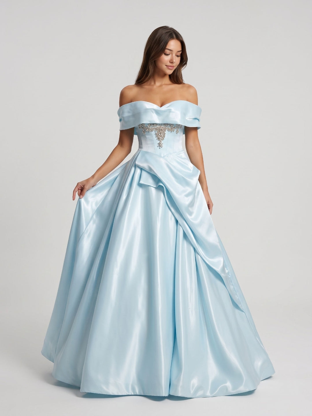 Sky Blue Satin A-Line Off-the-Shoulder Back Zip Floor-Length Dress