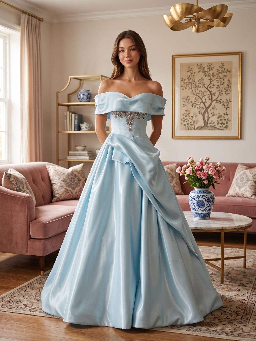 Sky Blue Satin A-Line Off-the-Shoulder Back Zip Floor-Length Dress