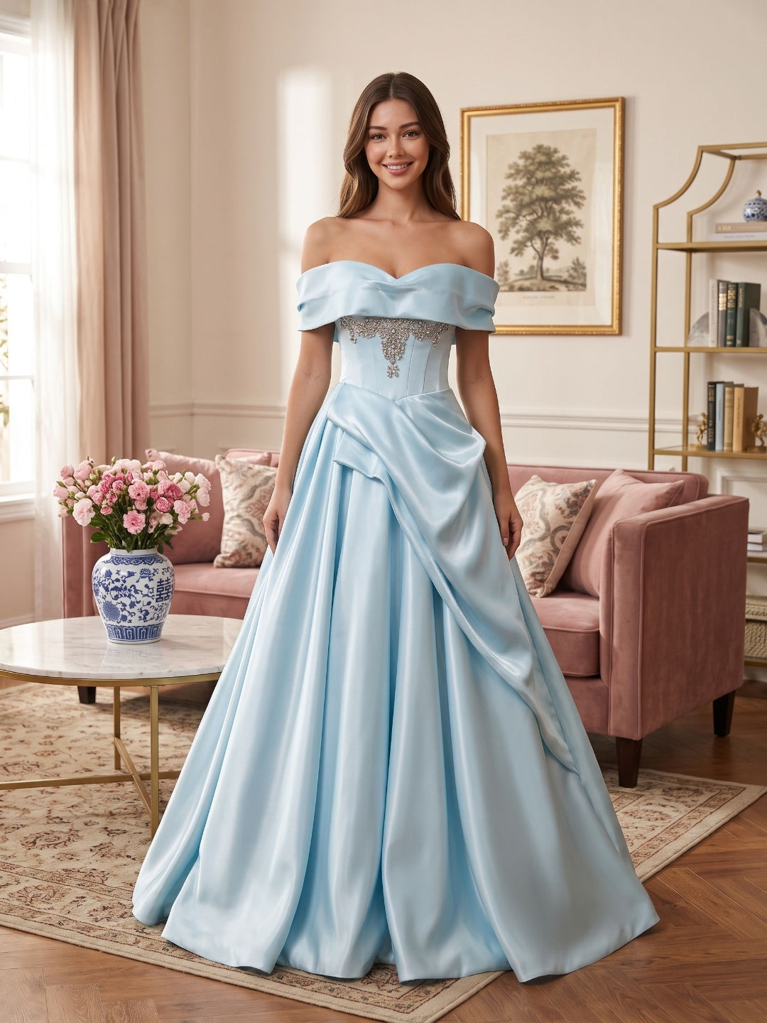 Sky Blue Satin A-Line Off-the-Shoulder Back Zip Floor-Length Dress