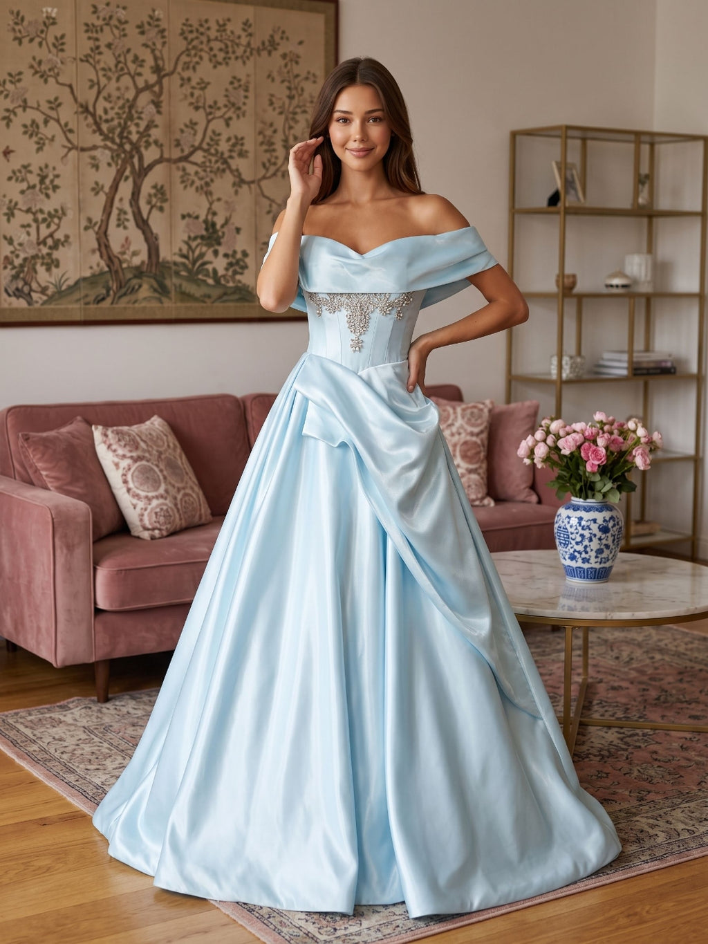 Sky Blue Satin A-Line Off-the-Shoulder Back Zip Floor-Length Dress