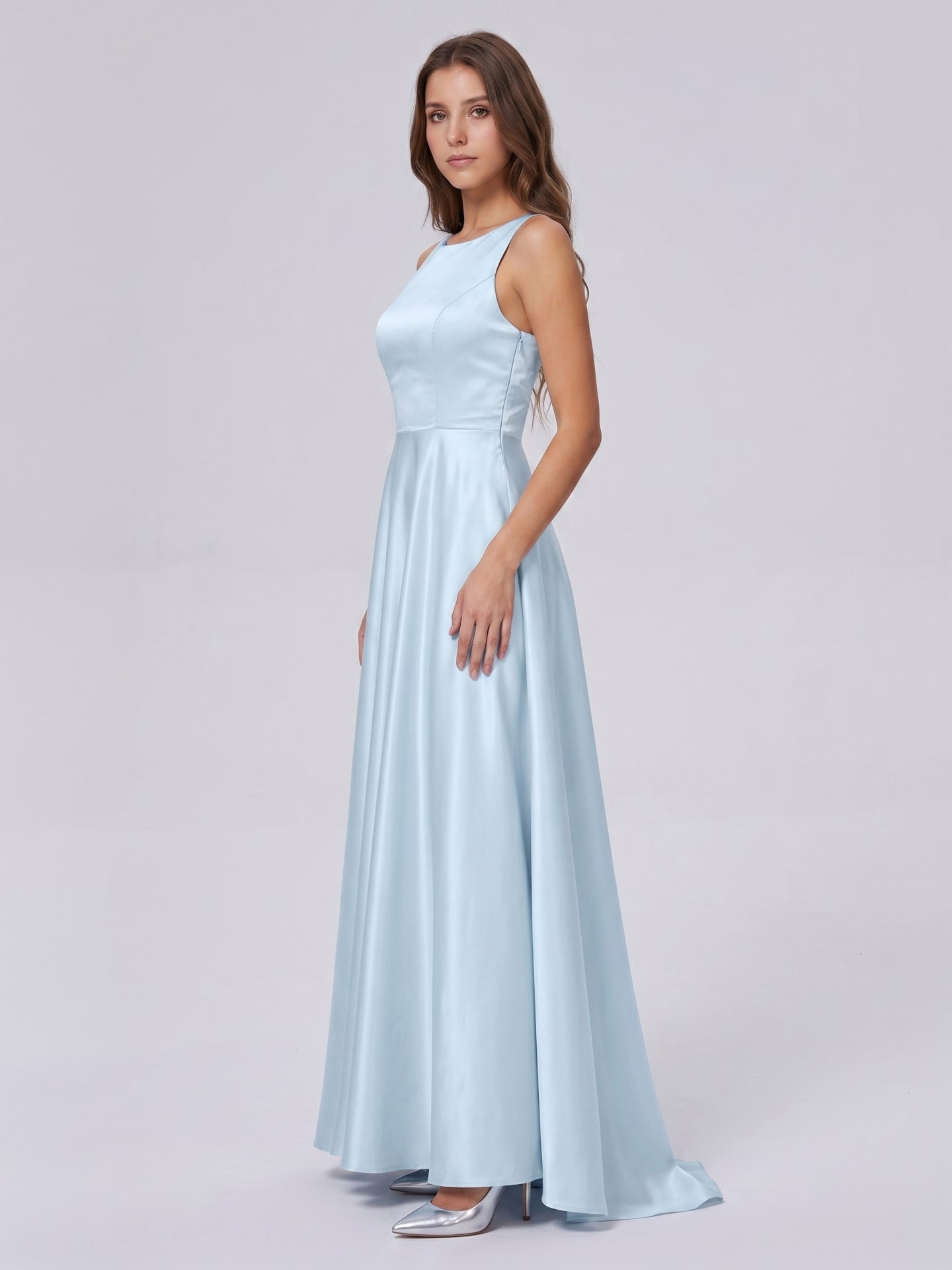 Sky Blue Satin A-Line Scoop Neck Back Zip Floor-Length Bridesmaid Dress