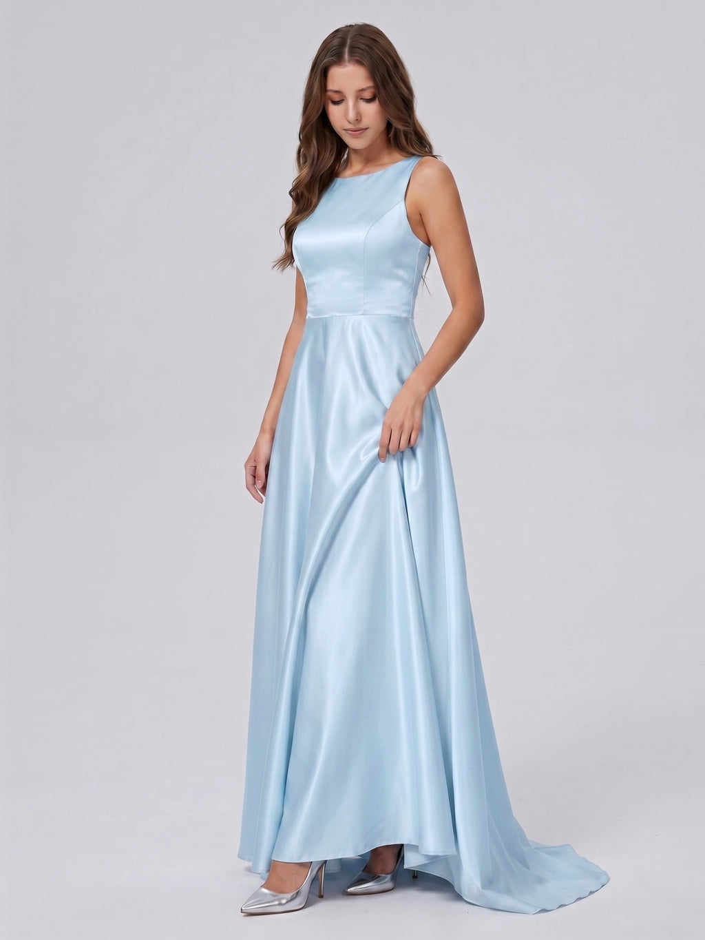 Sky Blue Satin A-Line Scoop Neck Back Zip Floor-Length Bridesmaid Dress