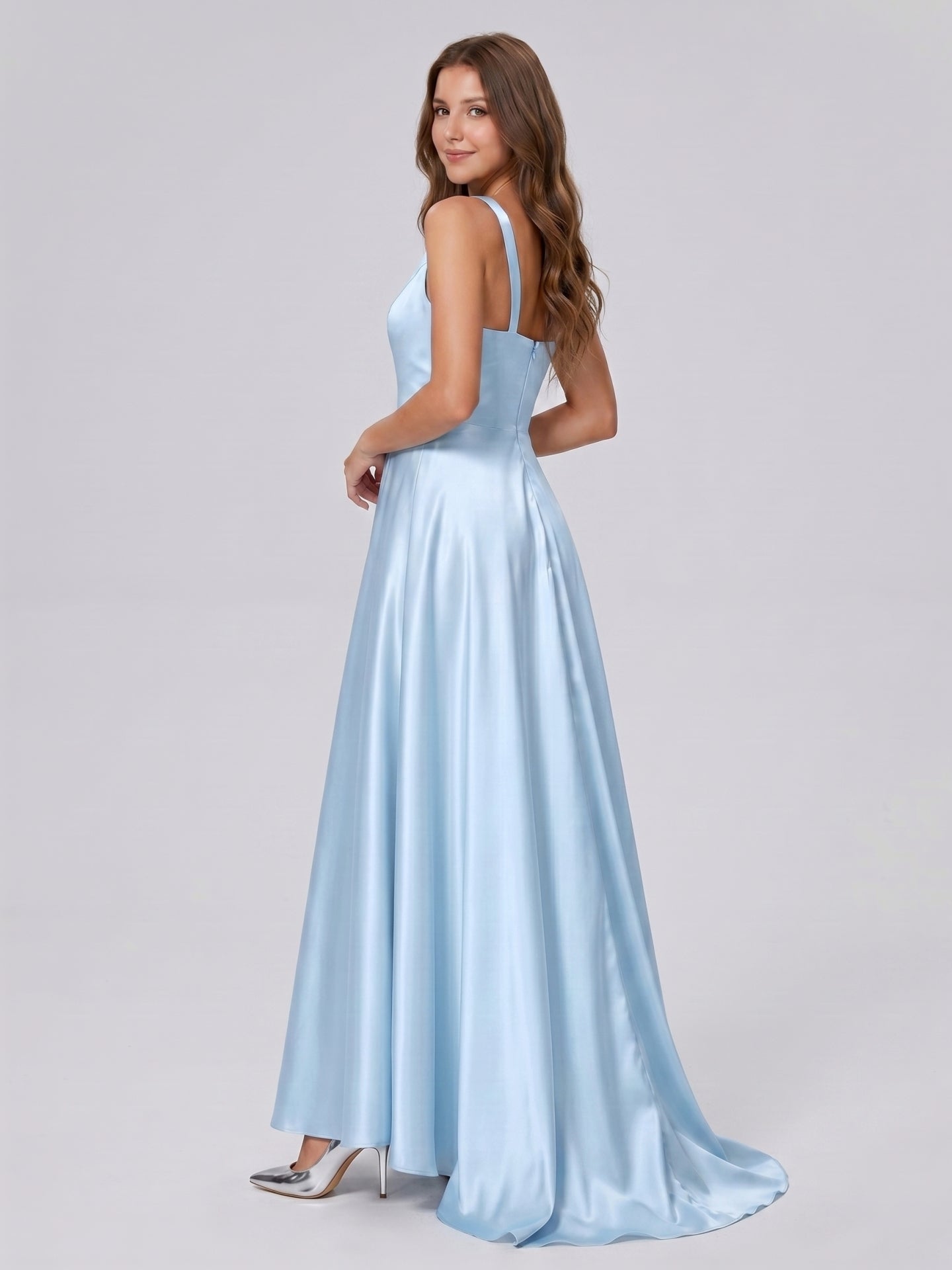 Sky Blue Satin A-Line Scoop Neck Back Zip Floor-Length Bridesmaid Dress