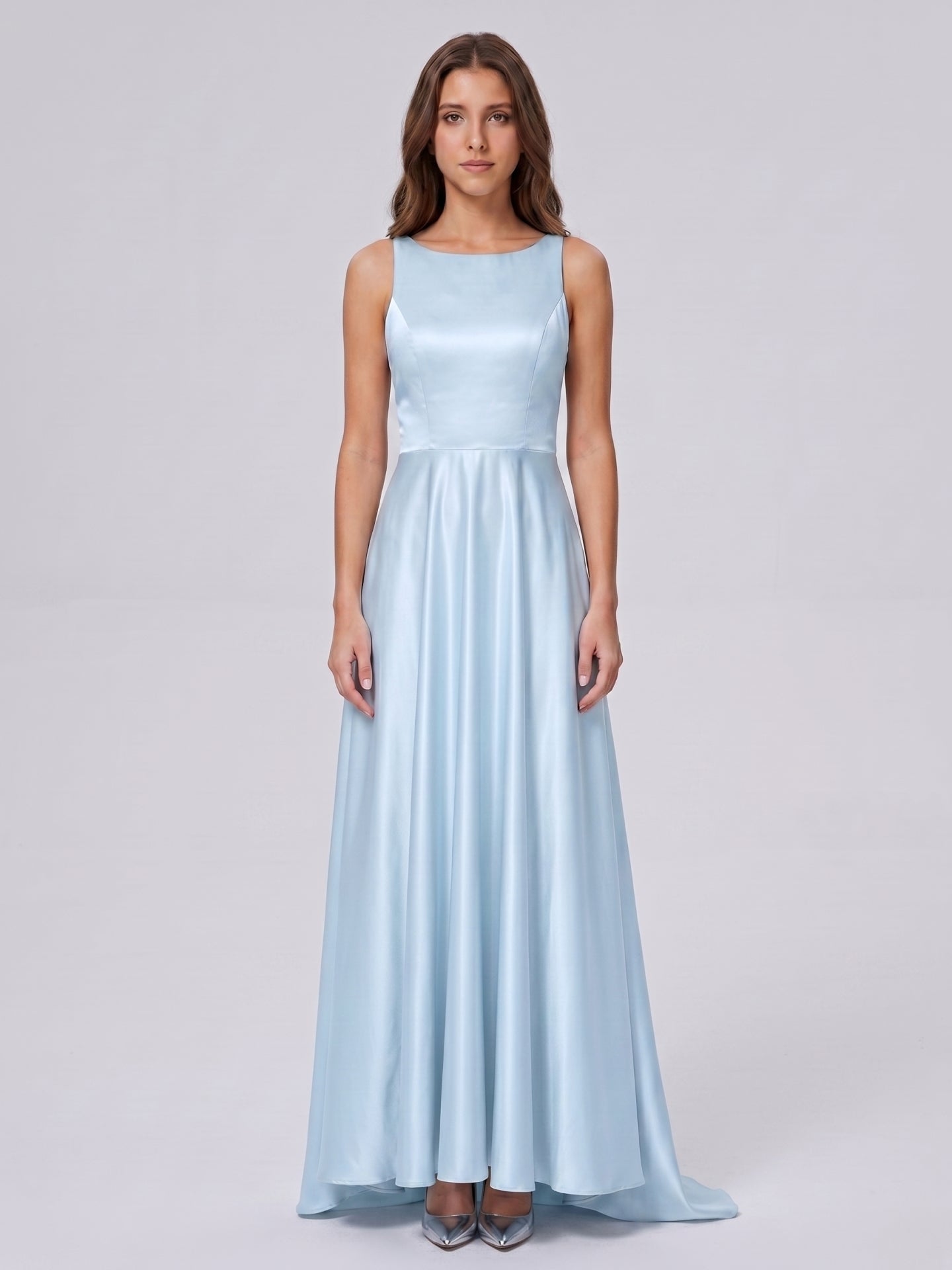 Sky Blue Satin A-Line Scoop Neck Back Zip Floor-Length Bridesmaid Dress