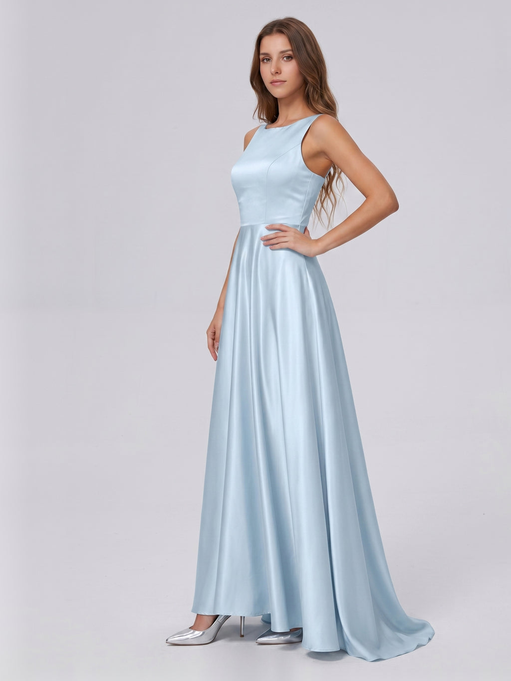Sky Blue Satin A-Line Scoop Neck Back Zip Floor-Length Bridesmaid Dress