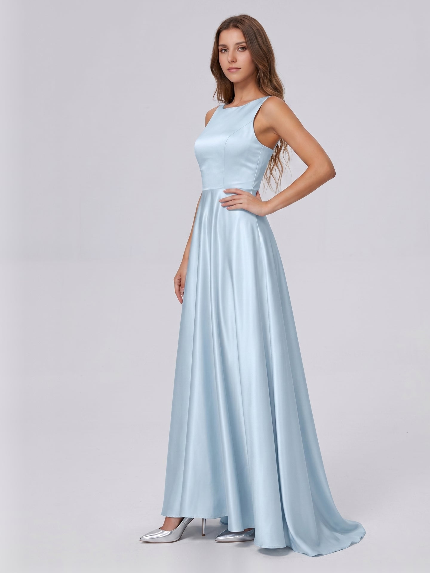 Sky Blue Satin A-Line Scoop Neck Back Zip Floor-Length Bridesmaid Dress
