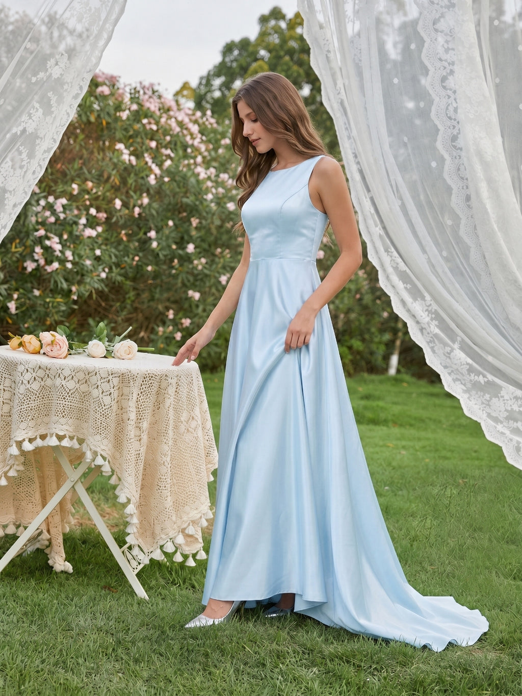 Sky Blue Satin A-Line Scoop Neck Back Zip Floor-Length Bridesmaid Dress