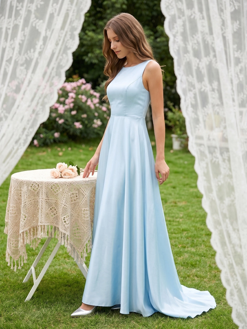Sky Blue Satin A-Line Scoop Neck Back Zip Floor-Length Bridesmaid Dress