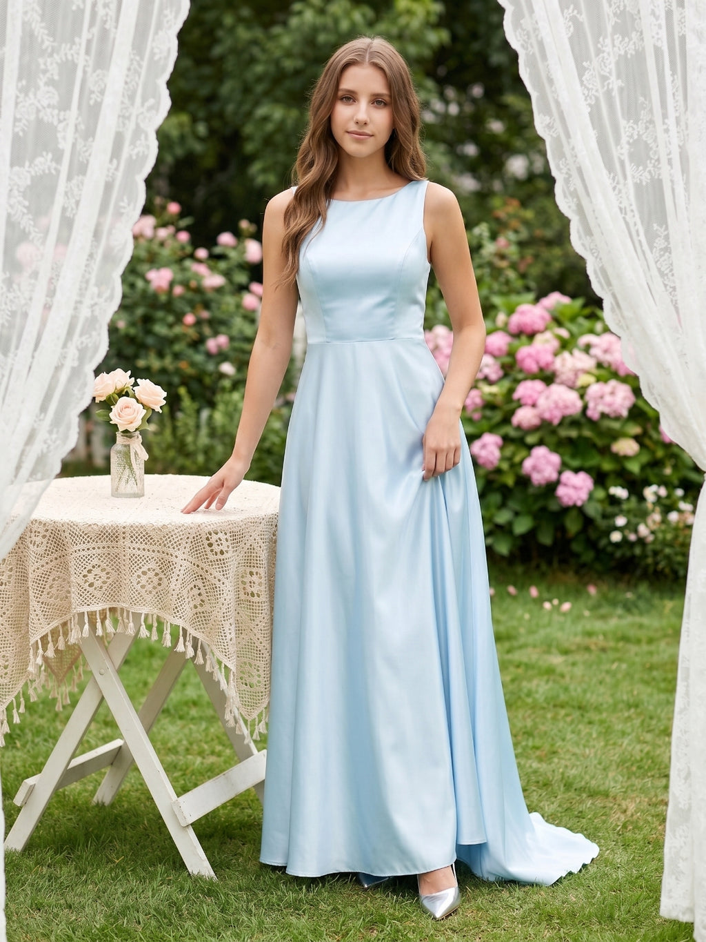 Sky Blue Satin A-Line Scoop Neck Back Zip Floor-Length Bridesmaid Dress