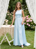 Sky Blue Satin A-Line Scoop Neck Back Zip Floor-Length Bridesmaid Dress