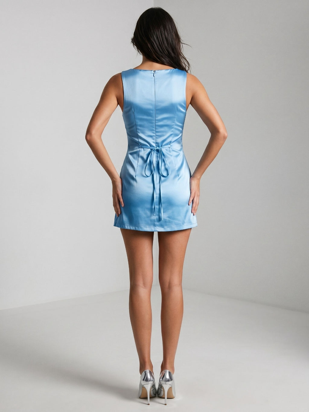 Sky Blue Satin A-Line Scoop Neck Back Zip Short Dress