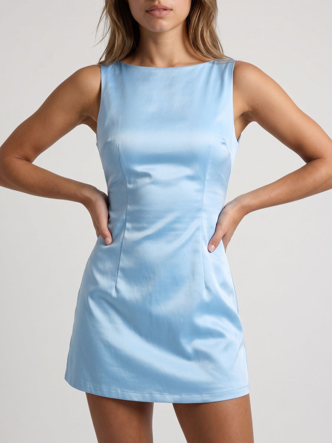 Sky Blue Satin A-Line Scoop Neck Back Zip Short Dress