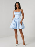 Sky Blue Satin A-Line Square Neck Short Homecoming Dress with Pleating