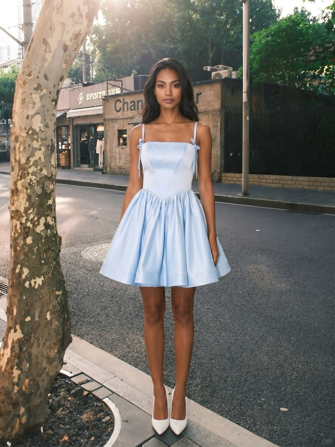 Sky Blue Satin A-Line Square Neck Short Homecoming Dress with Pleating