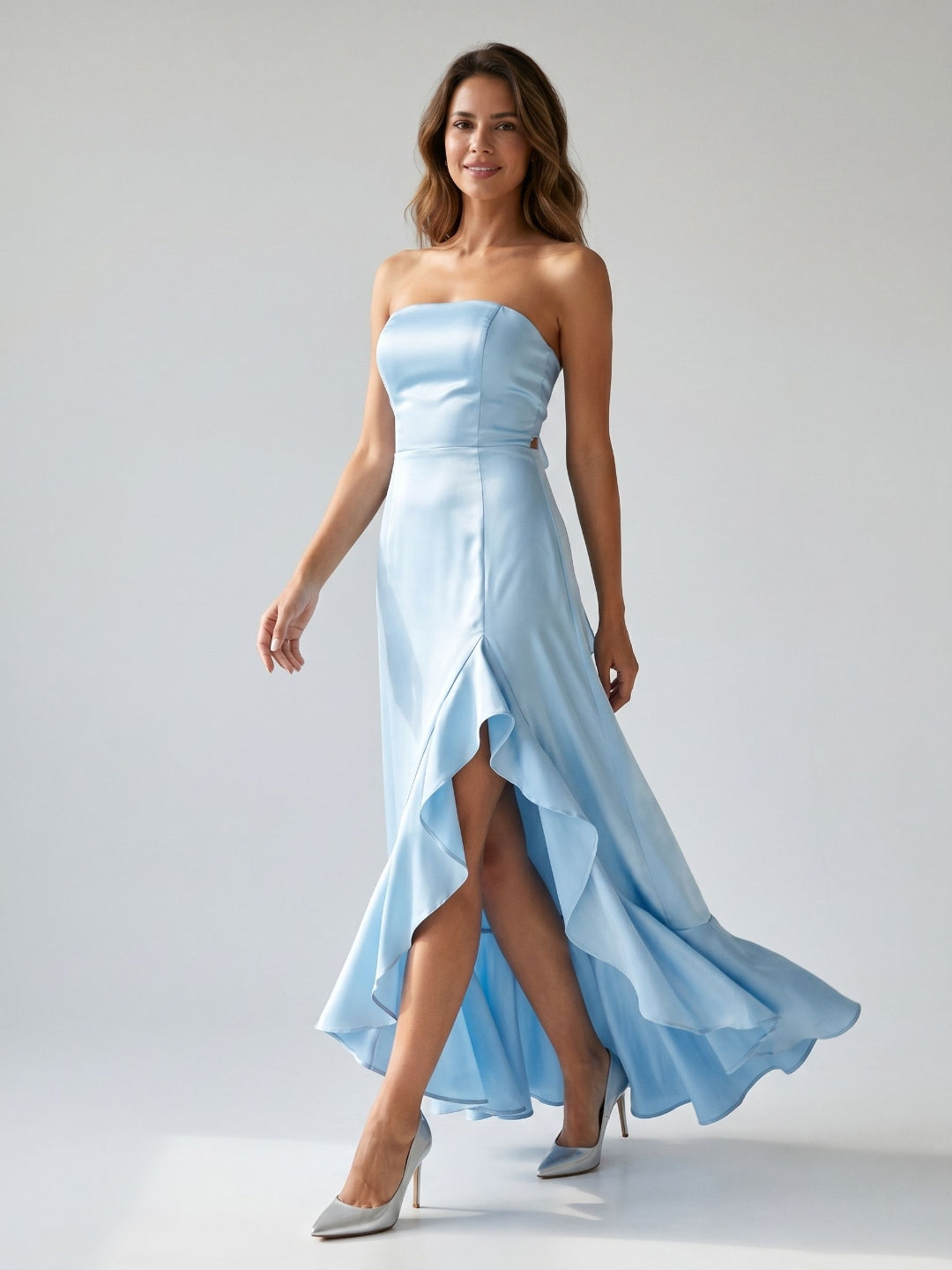 Sky Blue Satin A-Line Straight Neck Backless Asymmetrical Birthday Dress with Ruffles