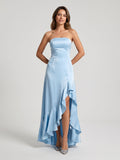 Sky Blue Satin A-Line Straight Neck Backless Asymmetrical Birthday Dress with Ruffles
