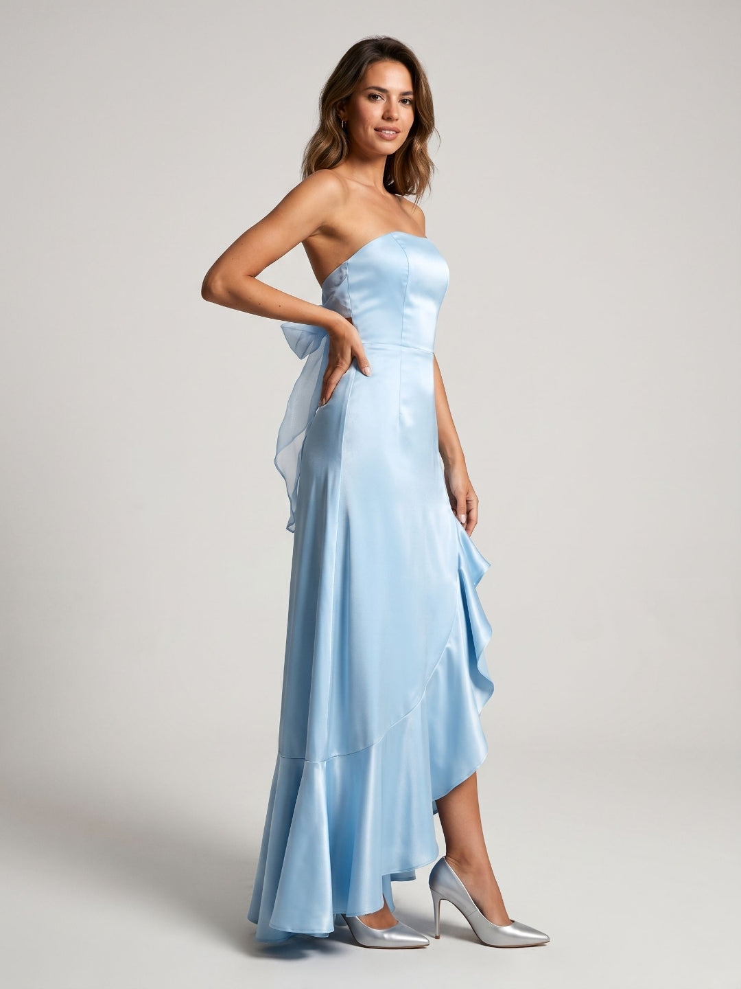 Sky Blue Satin A-Line Straight Neck Backless Asymmetrical Birthday Dress with Ruffles