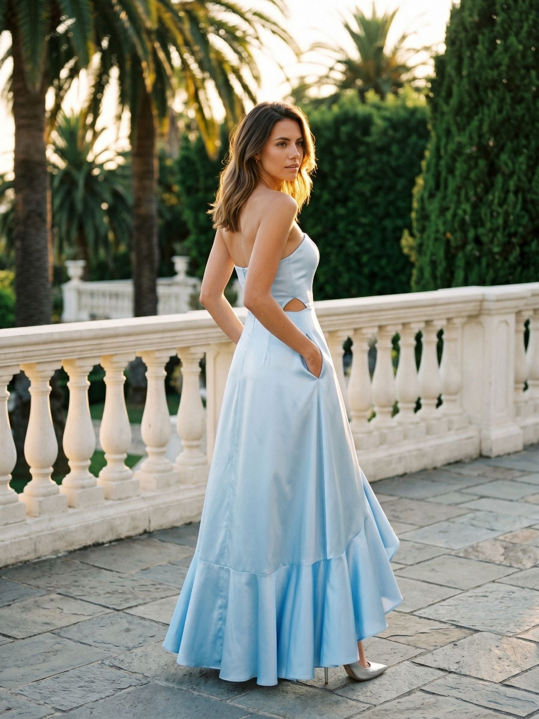 Sky Blue Satin A-Line Straight Neck Backless Asymmetrical Birthday Dress with Ruffles