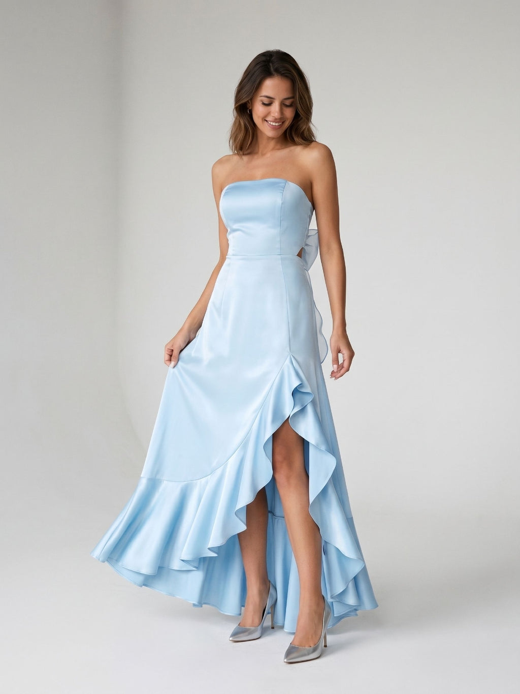 Sky Blue Satin A-Line Straight Neck Backless Asymmetrical Birthday Dress with Ruffles