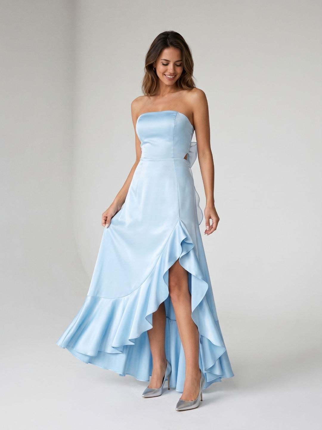 Sky Blue Satin A-Line Straight Neck Backless Asymmetrical Birthday Dress with Ruffles