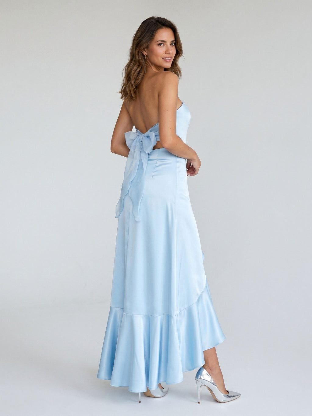 Sky Blue Satin A-Line Straight Neck Backless Asymmetrical Birthday Dress with Ruffles